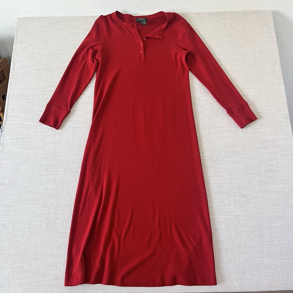 Lauren Ralph Lauren Petite Red Cotton Henley Midi Dress P/S Long Sleeve Logo - Picture 1 of 10